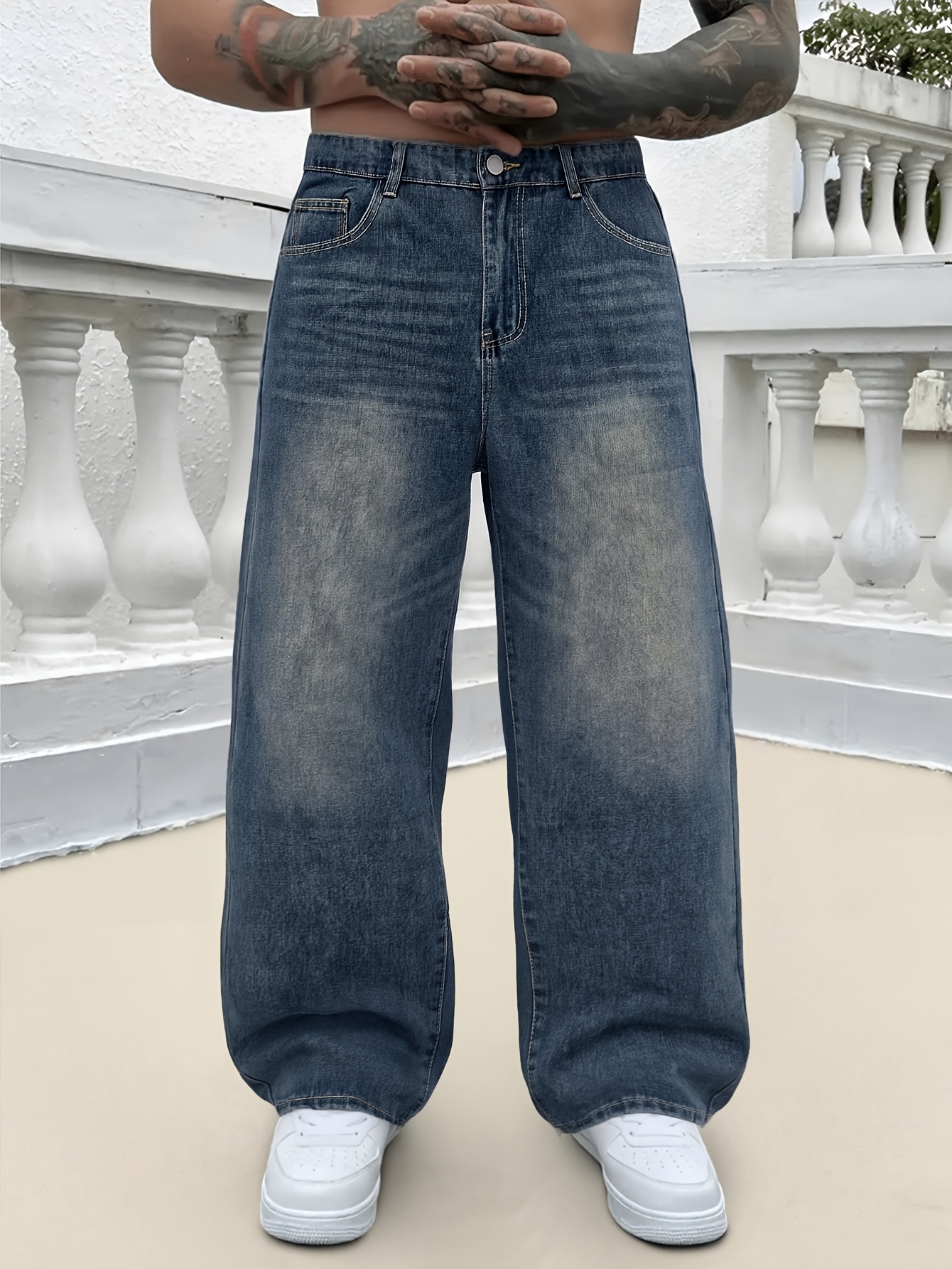 mens vintage blue wide leg jeans faded wash ultra baggy fit - Temu