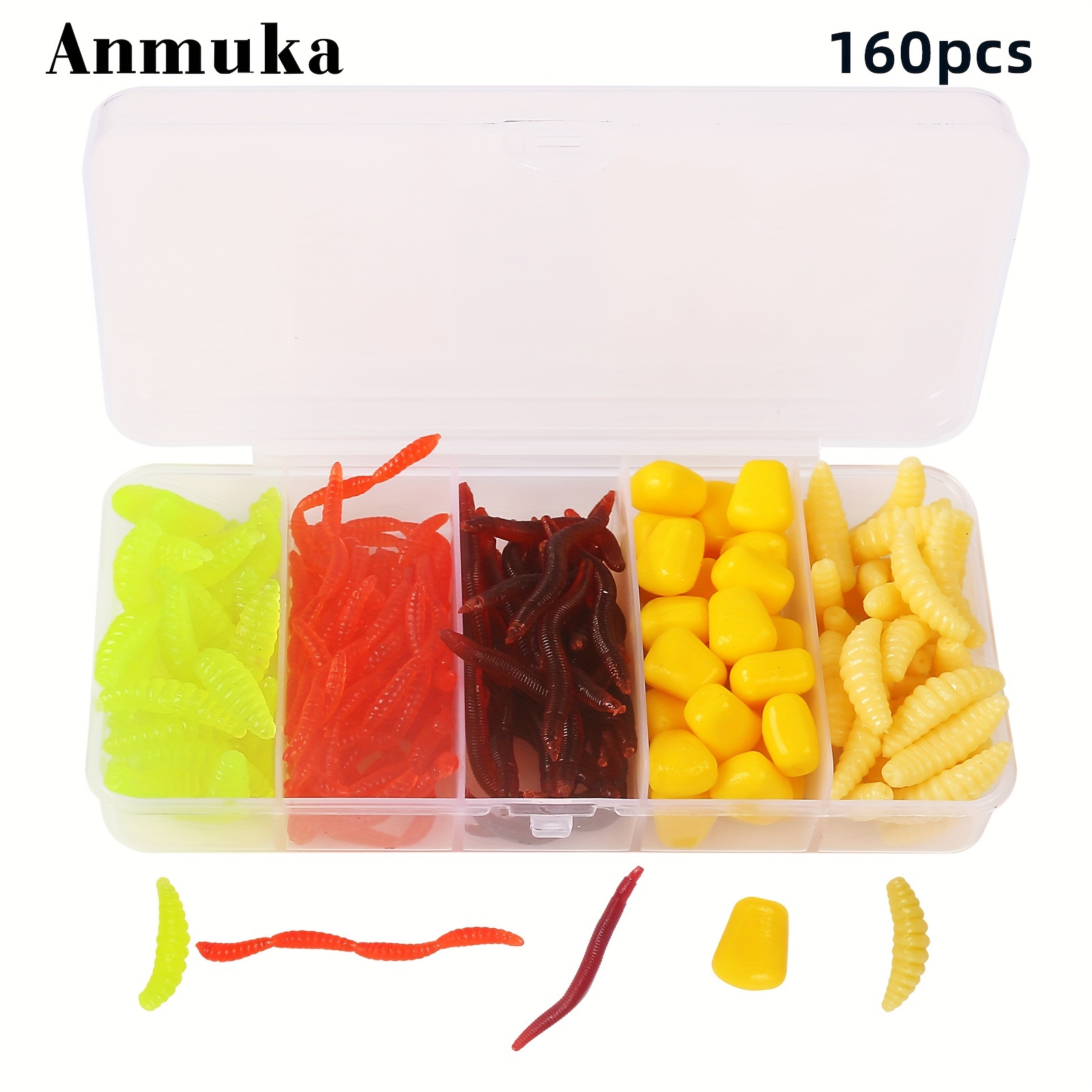 

160pcs/box Fishing Soft Lures Set, 4-section Red Worms, Mini Maggots, Corn Kernels, Fishing Accesssories