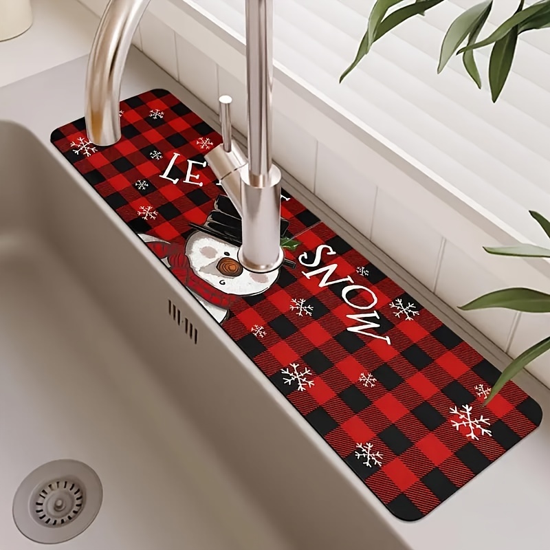 

1pc Buffalo Plaid Snowman Christmas Kitchen Diatomaceous Earth Mat, Faucet Absorbent Mat, Bathroom Faucet Splash Mat, Moisture Resistant And Non-slip Faucet Mat, Kitchen Countertop Accessories