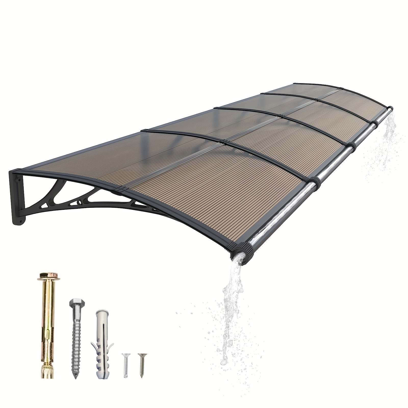 Image of 350cm X 100cm Window Awning Door Canopy With Large Drainage Gutter Polycarbonate Hollow Sheet Awning Patio Door Uv Rain Snow Toldo Para Patio Awnings, Brown Or Clear Panel