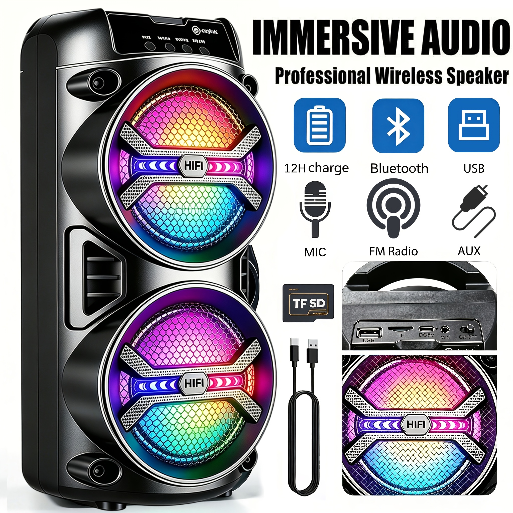 TEMU Perfect Gift Portable Wireless Bluetooth Speaker, Portable Subwoofer With Rgb Lighting Effects, Dual 4-inch , 1200mah Battery, Suitable For Home