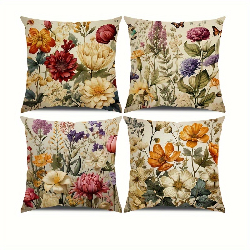 

4pcs Vintage Floral Print 18in*18in Linen Pillowcase Home Sofa Decoration Pillow Cushion Cover Does Not Include Pillow Core