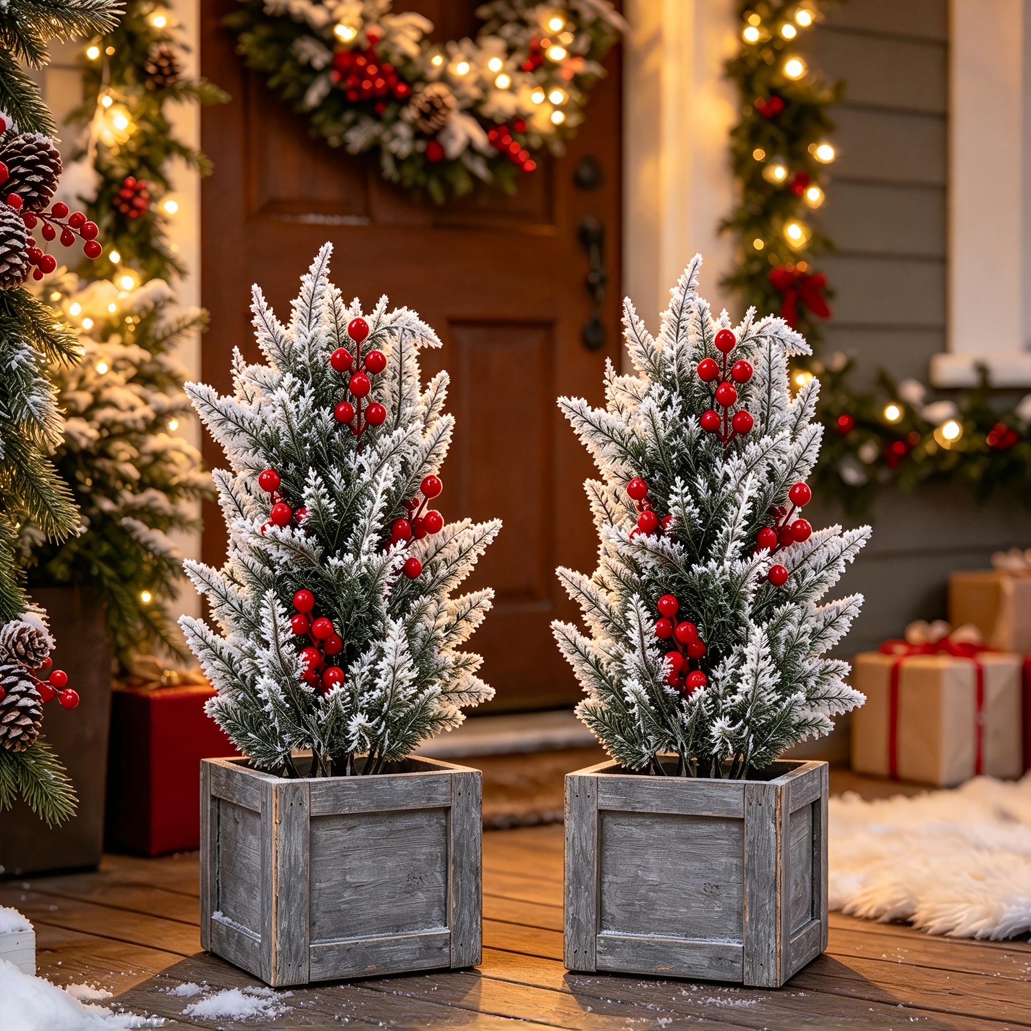 TEMU 2 Sets Of Extra-large Christmas Outdoor Artificial Pine And Ground Stakes - Dense Green Needles Covered With White Snow, Realistic And Full