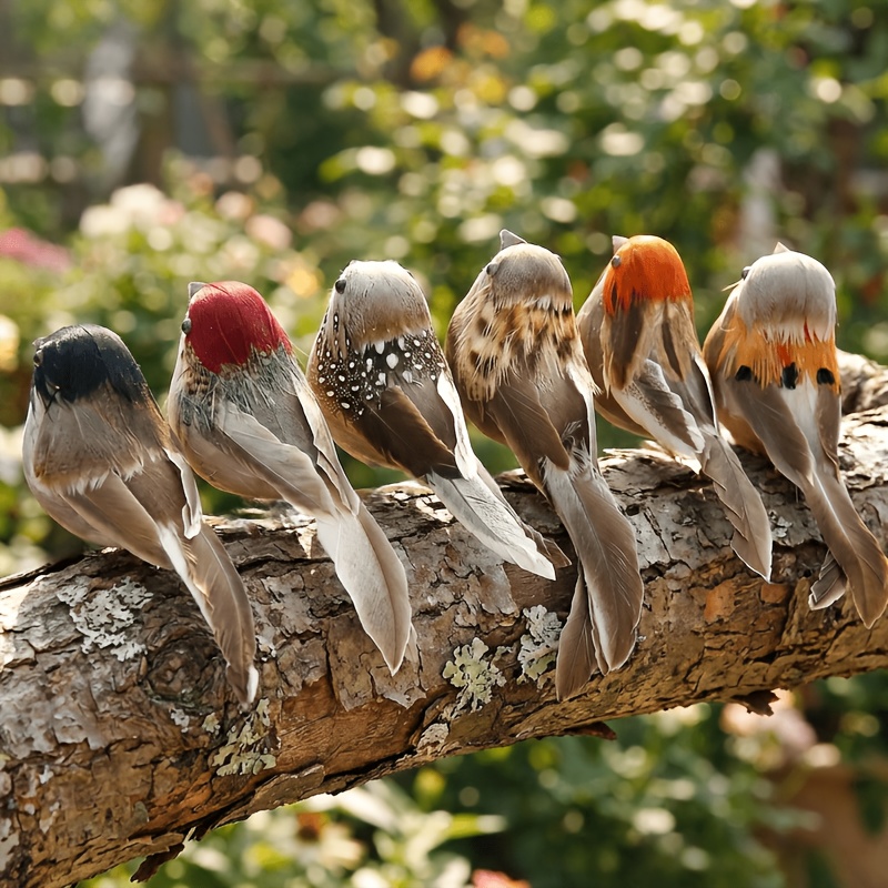 TEMU 6pcs Simulation Small Sparrow Small Bird, Made Of Feather Texture Material, With Bright Colors On , And A Metal Clip At , Which Flexibly