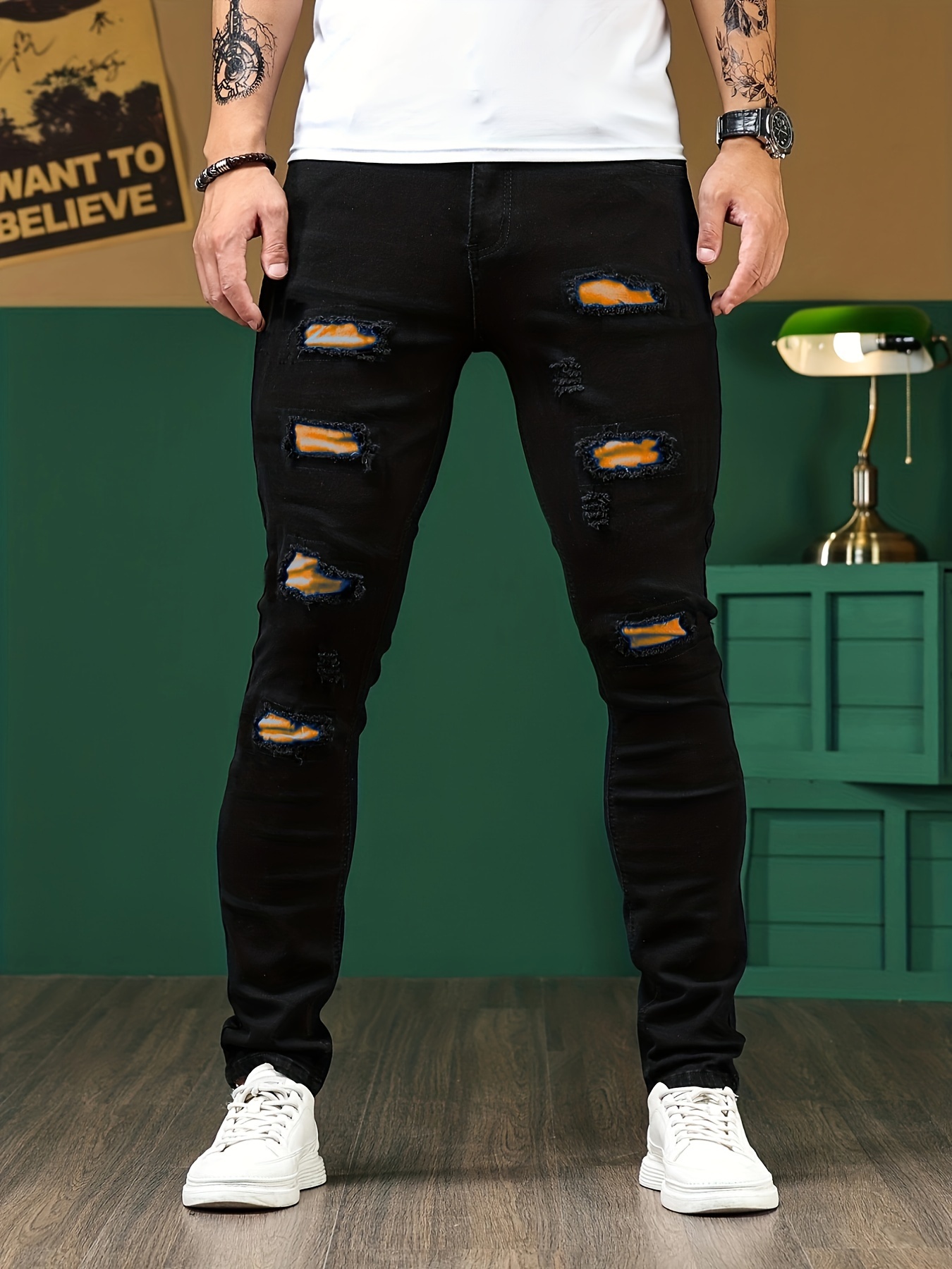 Mens Green Or Black Denim Skinny Jeans Slim Stretch Cargo Pants