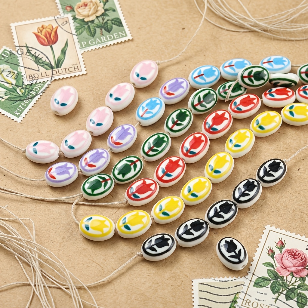 6/9pcs Hand-Painted Tulip Pattern Ceramic Beads, Bohemian Style