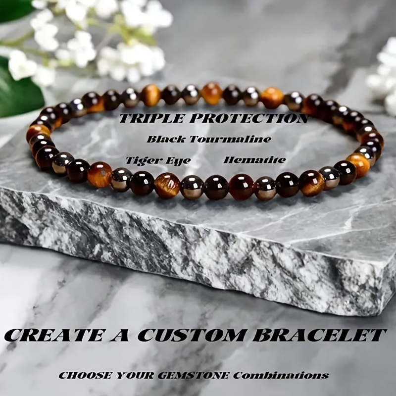 Image of Natural Stone Bracelet, 4mm Natural Agate And Tiger Eye Beaded Stretch Bracelet, Unisex Bracelet Gift
