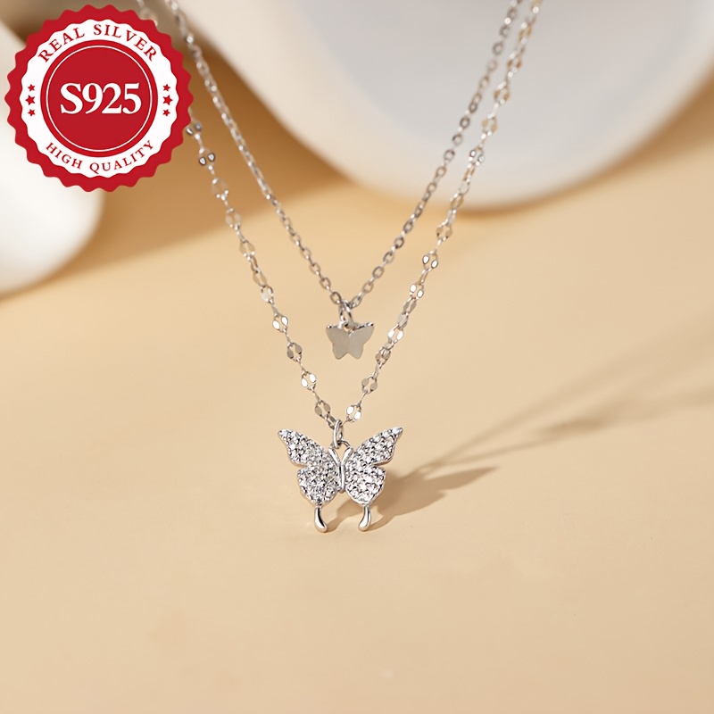 925 Silver Women's Double Layer Butterfly Blingbling Necklace