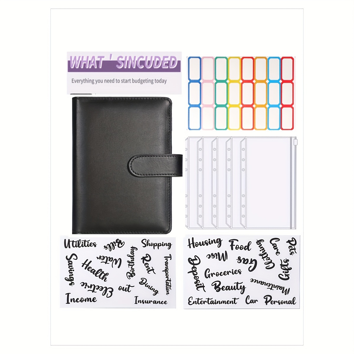 

1pc Leather Cash With 5 Zippered Pockets, 24 Grid Labels & 2 English Stickers - Budgeting And Organization Tool, Cash Envelope Stickers