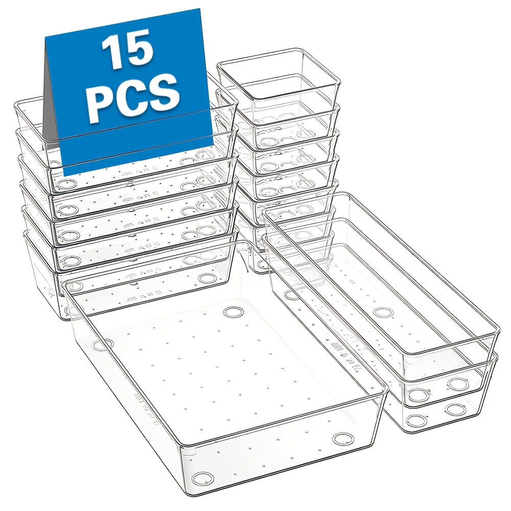 TEMU 15pcs Clear Plastic Drawer Organizers Set, Transparent Drawer Organizer, Versatile Trays, Dividing Dresser Table Top Skincare Product Organizer