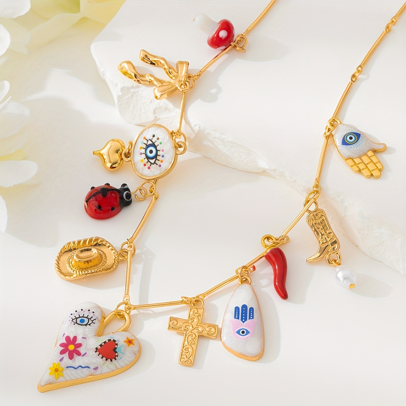 Sweet Funky Charm Necklace with Heart, Boot, Hat, and Eye Pendants