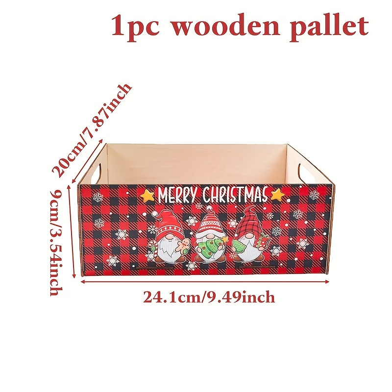 1pc, Christmas Gift Organizer, Gnome Red And Black Checkered Pallet, Wooden Storage Box With Handles, Decoration, For Christmas Noel Navidad Decor, Ornament Storage