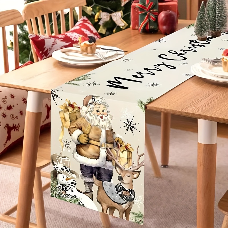 Image of 1pc, Linen Country Style Table Runner In Restoring Ancient Ways Style, Featuring Santa Claus, Snowman, And Reindeer Design, Suitable For Holiday Parties Gatherings, 13x48/13x72/13x108 Inches