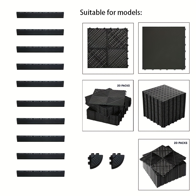 TEMU Lot de 20 grands tapis de sol de garage à séchage rapide, 16" x 16" x 0,75", 10 bords et 2 uniquement en option, dalles de sol de garage à