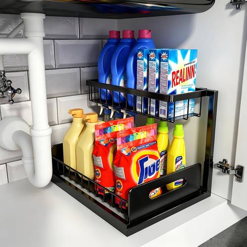 item picture under sink organizer l shaped pull out cabinet organizer kitchen 2 tier metal slide out shelf for kitchen bathroom laundry and utility cabinet storage for deep cabinets black