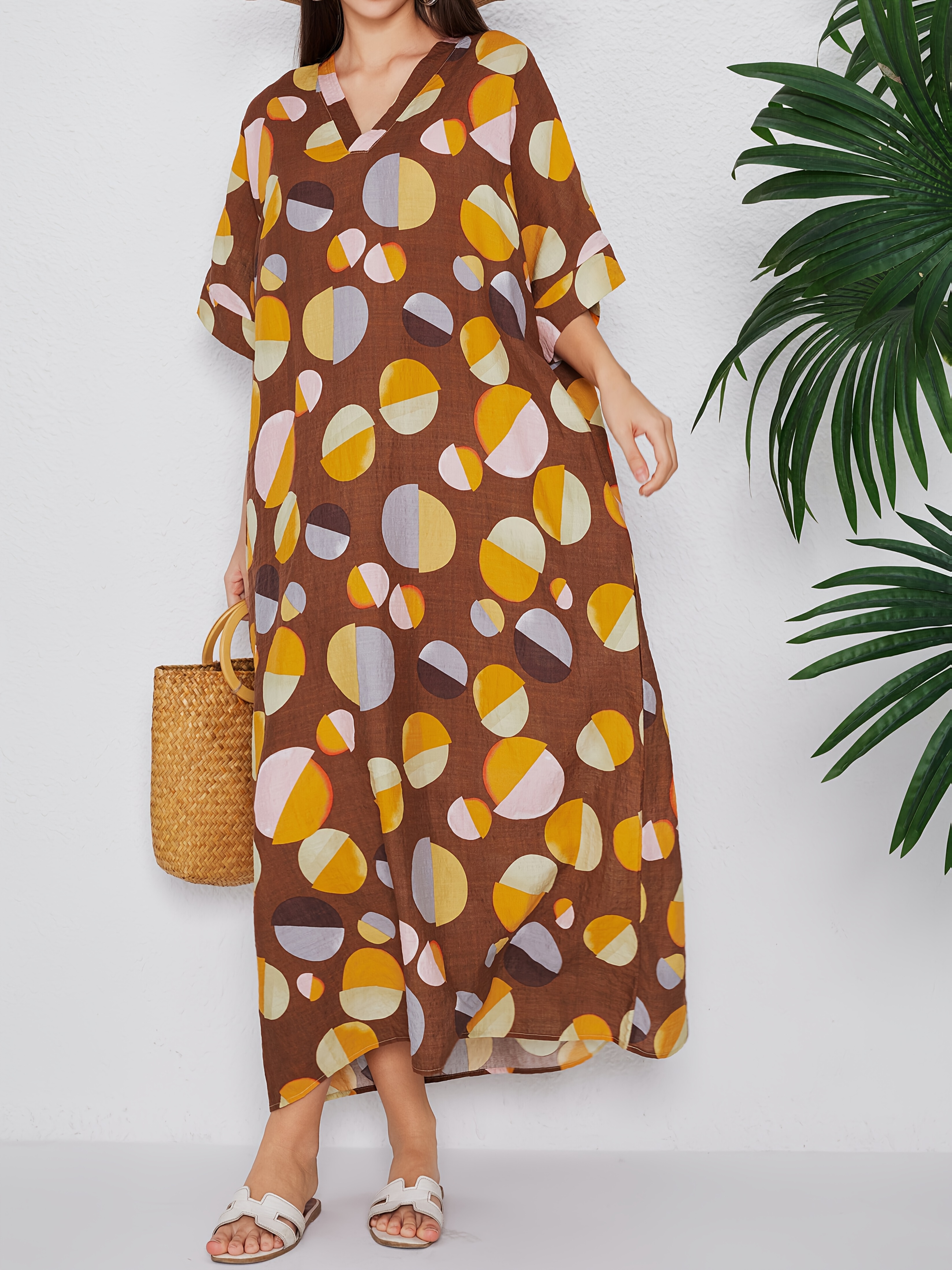 chinese dress ladies Floral V-Neck Maxi Dress in Brown Viscose