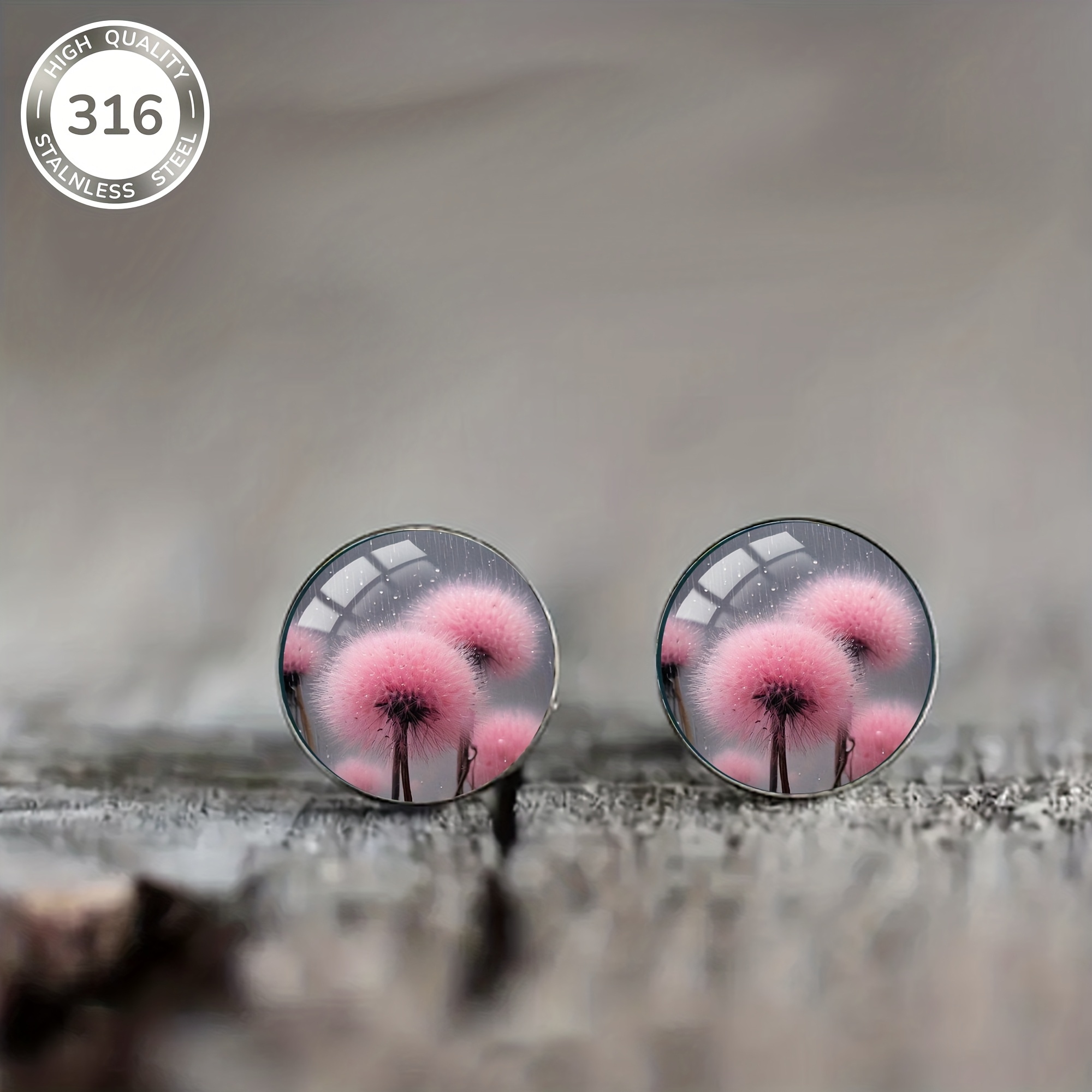 1 Pair Dandelion Pattern Inlaid Convex Glass Steel Stud Earrings, Simple Suitable For Men And Women For Vacation And Banquet Jewelry Ear Accessories