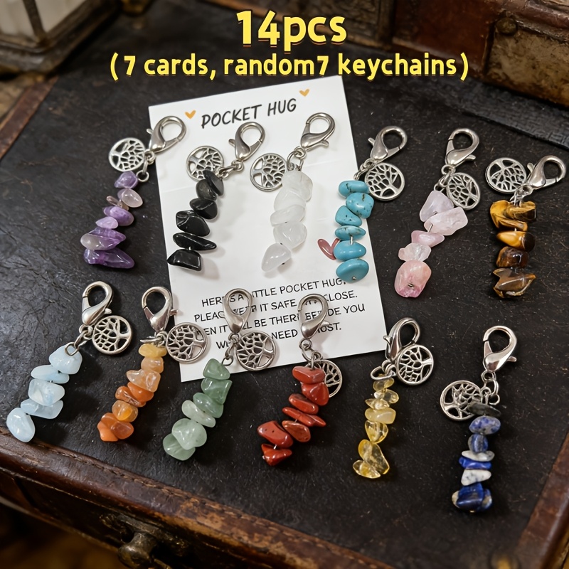 TEMU 14pcs Irregular Gravel And Tree Of Life Keychain Set, Includes 7 Keychains In Random Styles And Colors And 7 Inspirational Greeting Cards, For