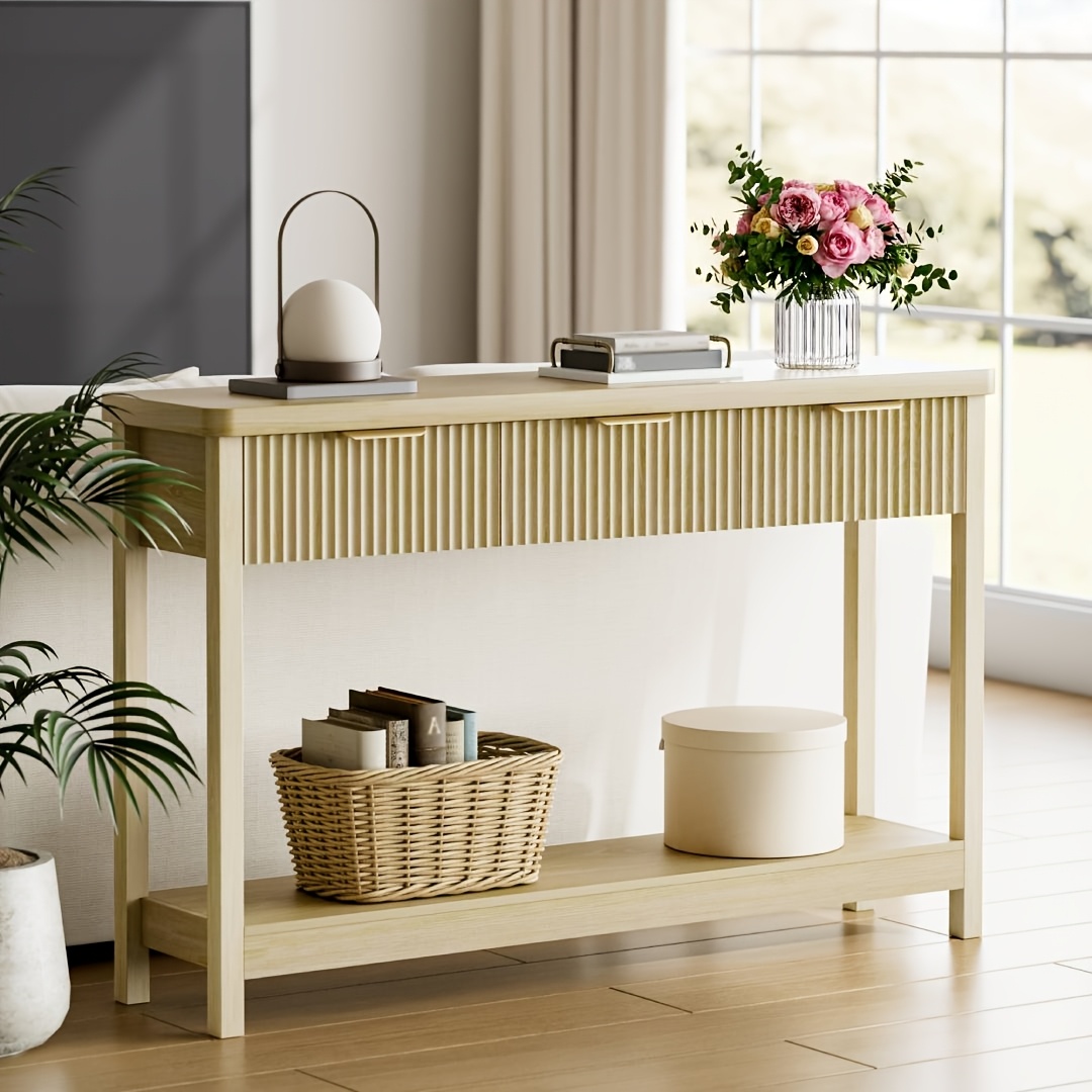51 IN Fluted Console Table with 3 Drawers, Modern Entryway Table with Metal Handles, Sturdy Solid Wood Design, Hallway Table with Storage, for Living Room And Hallway