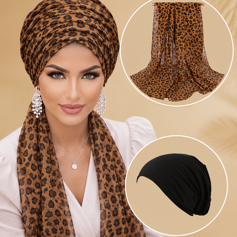 TEMU 2pcs Zebra Print Headscarf Set, Fashionable Long Printed Scarf With Solid-colored Lined Cap, Stylish Women's Fashion Headscarf, Daily Headscarf
