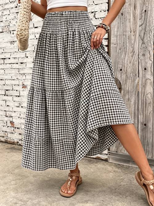 elegant classic plaid print ruched beach skirt womens summer style elastic waist ruched suitable for daily and casual wear parties and festive