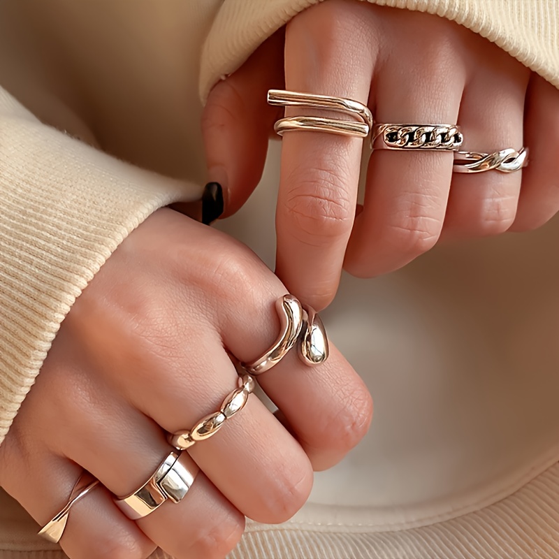 

[7pcs Luxe Style Rings Set] 7pcs Elegant Simple Alloy Ring Set For Women, Luxe Style Assorted Irregular Rings, For & Gifting, Valentine's Day Jewelry Collection