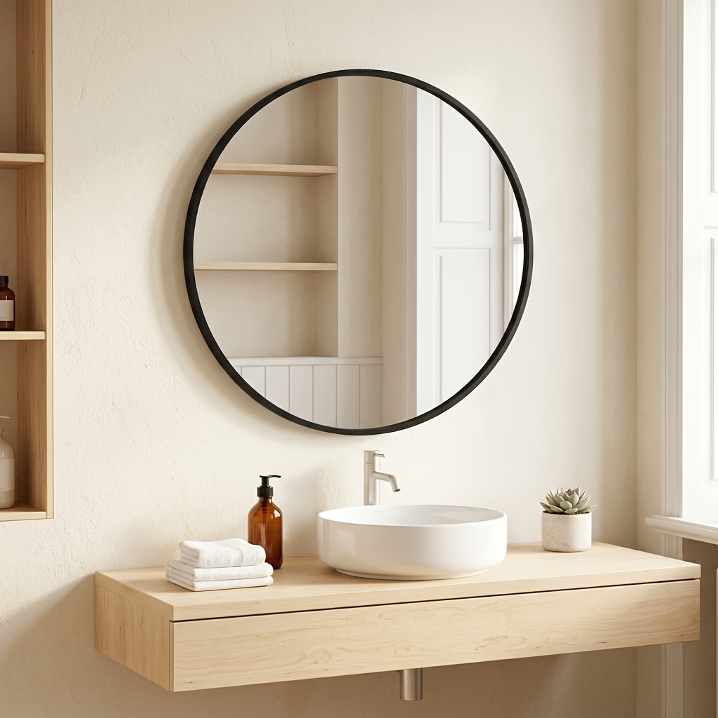 Image of 50cm D Mirror Round Mirror Wall Mirror Metal Frame Modern Bathroom Living Room Bedroom Hallway Entrance Ink Black