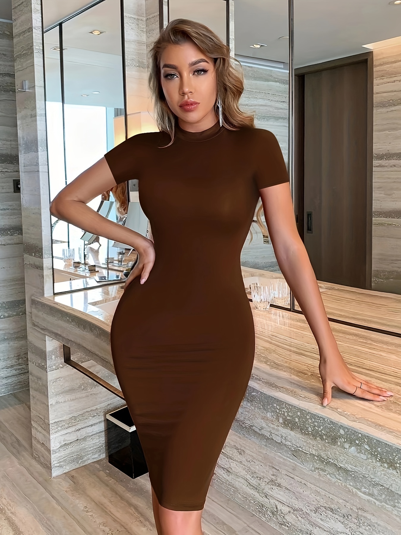 solid color bodycon midi dress elegant mock neck skinny - Temu United Arab  Emirates