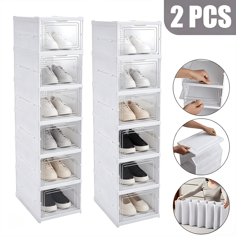 TEMU 2pcs 6 Tier Clear Plastic Shoe Storage Box Stackable Foldable Boxes Trainer Organiser