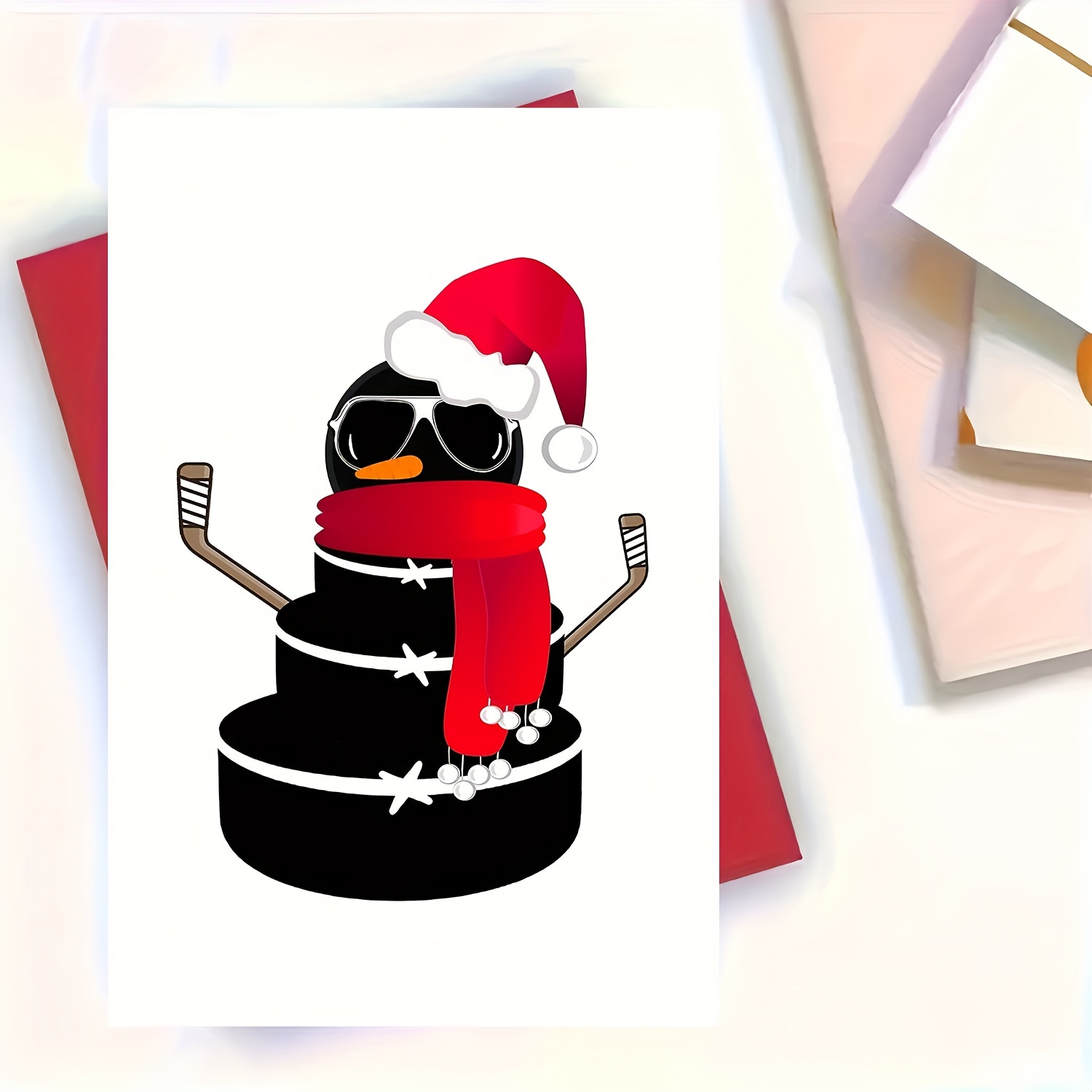 

Christmas Greeting Card With Ice Hockey Snowman & Santa Hat - Family, Friends, Colleagues - Includes Envelope, Ideal For Holiday Wishes & New Year Celebrations