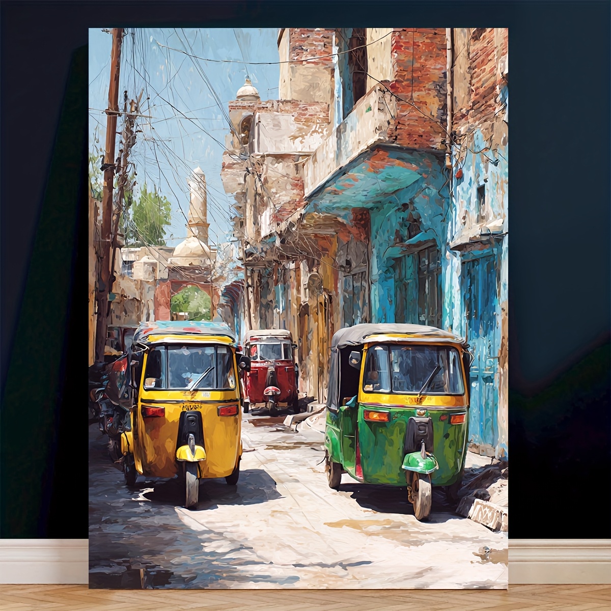 TEMU 1pc Oil Painting Style Pakistan | Vibrant Yellow & Rickshaws Canvas Print, Modern Wall Art For Living Room, Office, Cafe Decor - Ready To Hang,