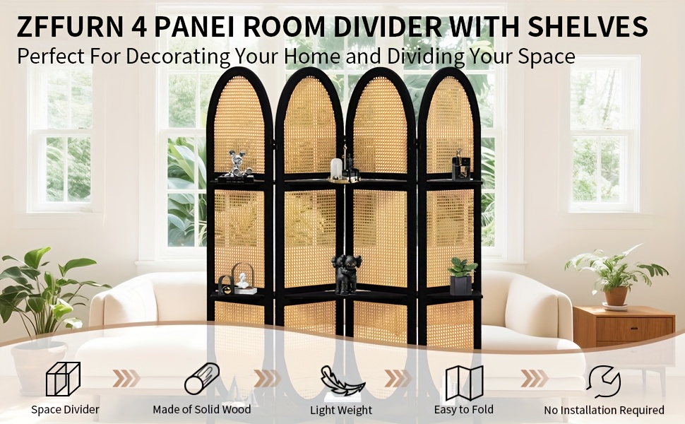 Four-Panel Wooden Room Divider, Collapsible with a Hand-Woven Rattan Privacy Screen - Room Partitions Featuring Three Display Shelves, Ideal for Home, Office, Study, Or Art Exhibitions