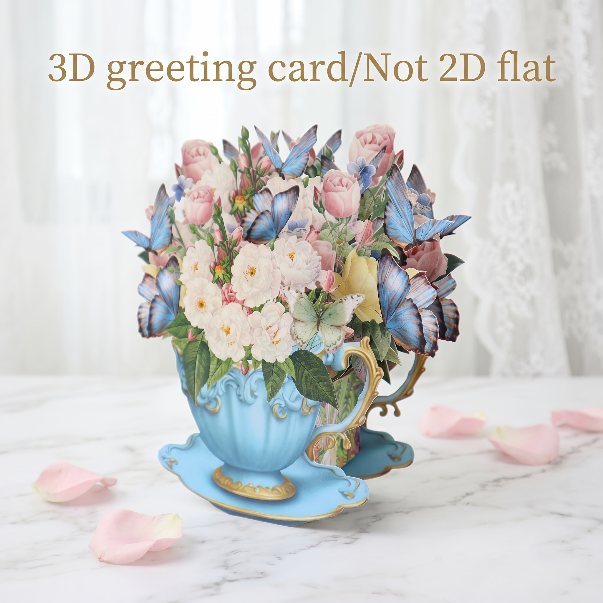 TEMU 1pc 3d Relief Rose Teacup Bouquet Greeting Card (with Envelope And Message Card) Handmade Suitable For Mother's Day Birthday Teacher's Day Gift