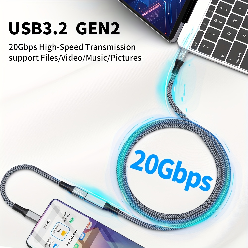 1pc/2pcs cabo de extensão usb c 3.2 20 , trançado em nylon durável usbc 3.2 gen2 tipo-c, extensor para fêmea com carregamento 4k 240w e transferência de dados 20 (20 240w, 48v5a Detalhes do produto 0