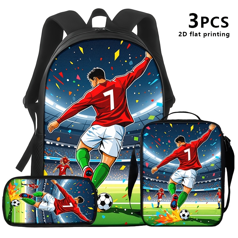 TEMU 1pc/2pcs/3pcs Backpack, Crossbody Bag, And Pouch Featuring A Football Player In Red #7 Jersey Scoring A Goal Under Stadium Fireworks; Vibrant,