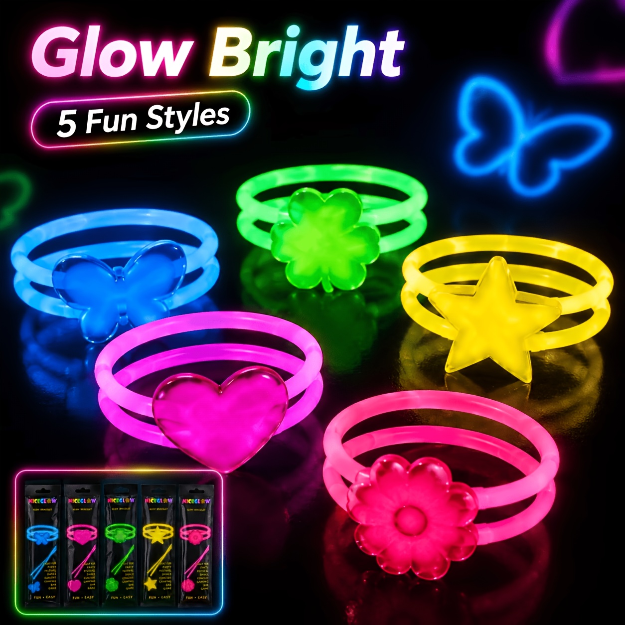TEMU 5-pack Glow Bracelet Set, Multicolor Star & Flower Glow Bracelets, Fun Party Favors For Halloween, Christmas, New Year, Festivals, Concerts &
