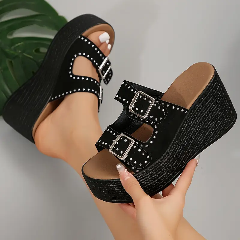 womens double buckle bands sandals platform studded slip on walking shoes vacation shoes details 0