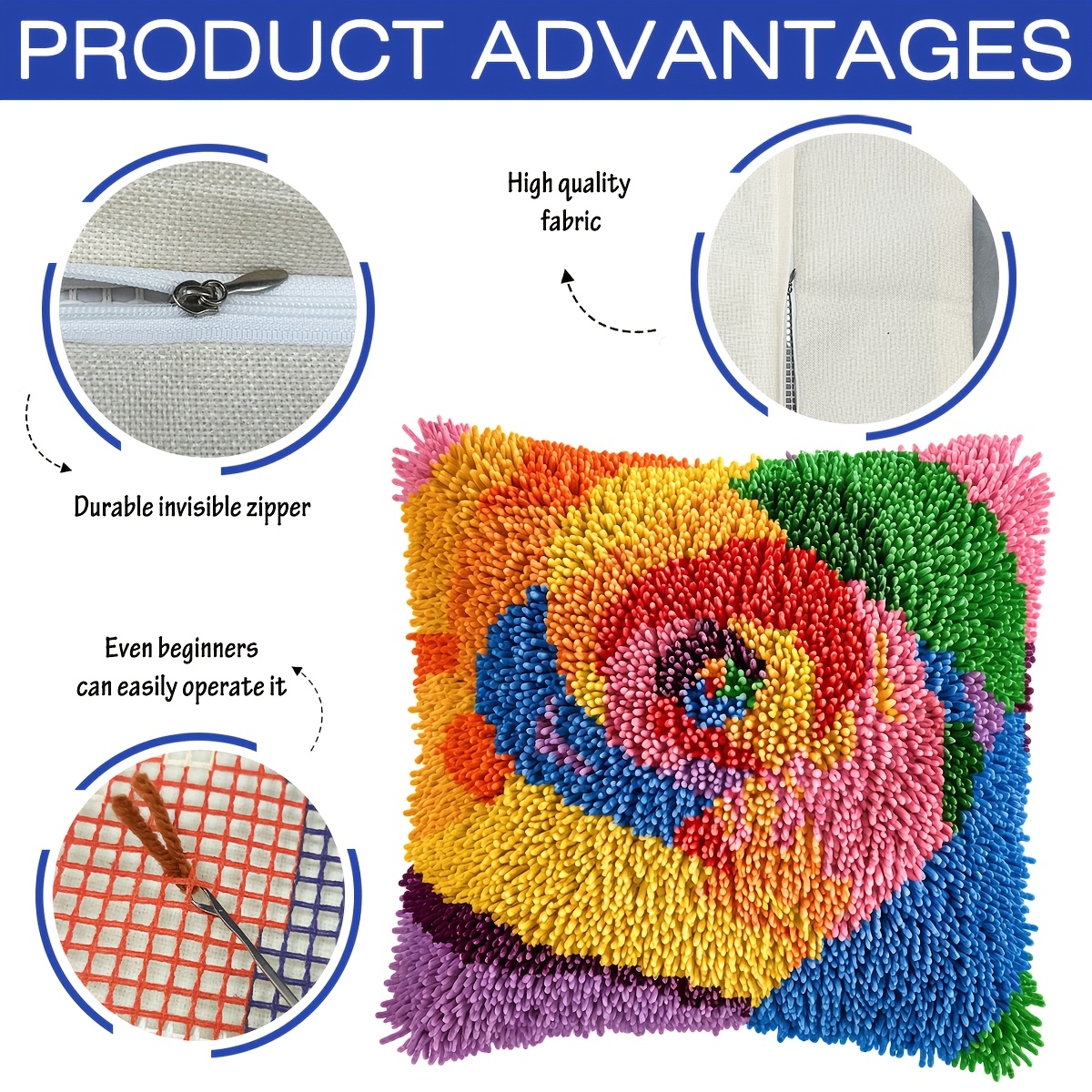 Latch Hook Pillow Kit with Spiral Plant Patterns, DIY Craft Set