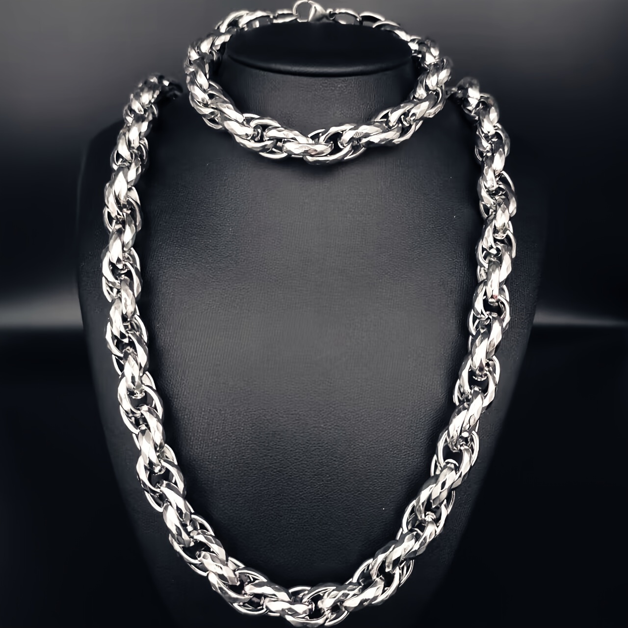 Stainless Steel Twisted Large Chain Bracelet & Necklace Set