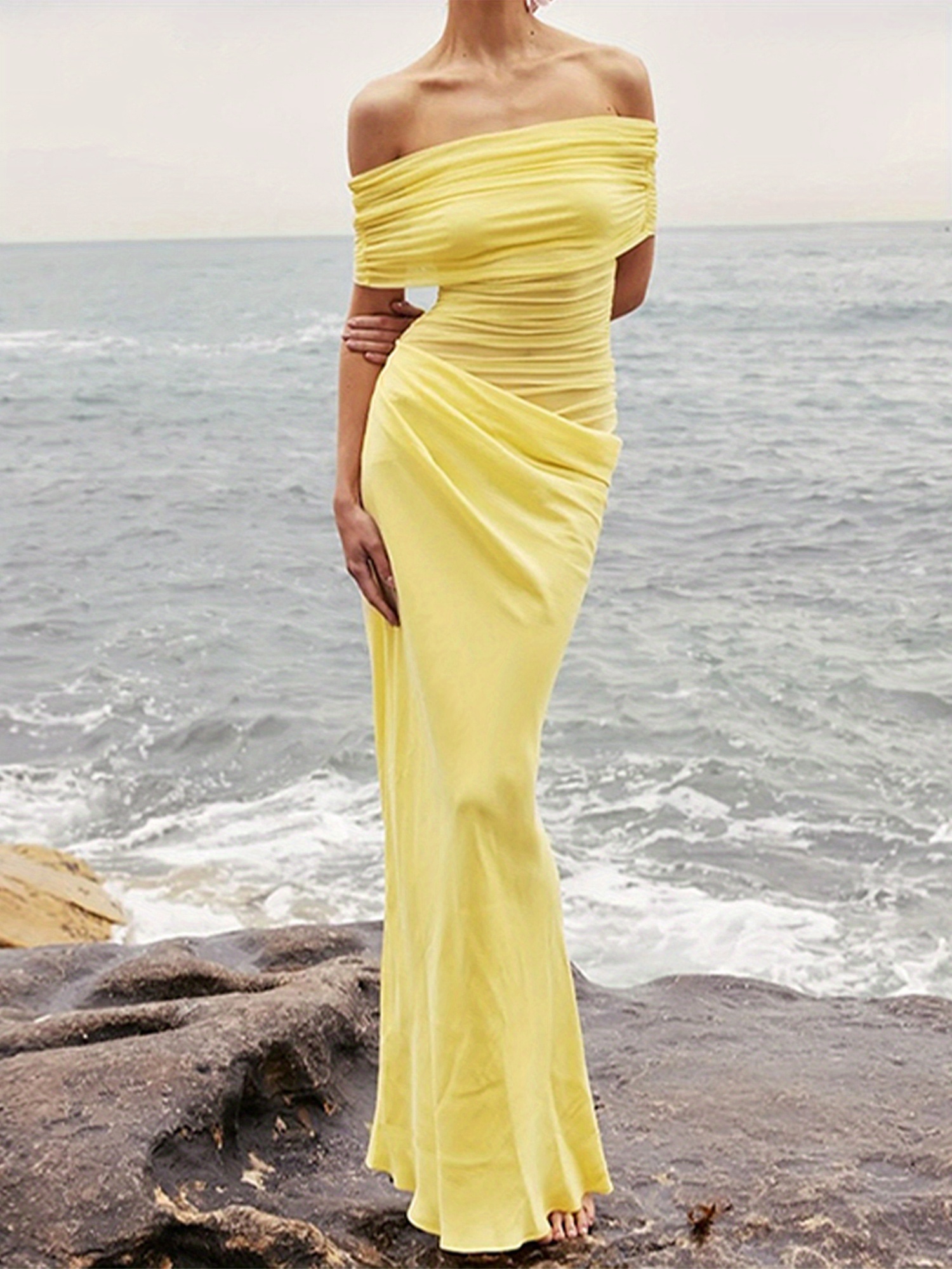 chic shoulder bodycon dress solid ruched side - Temu Canada