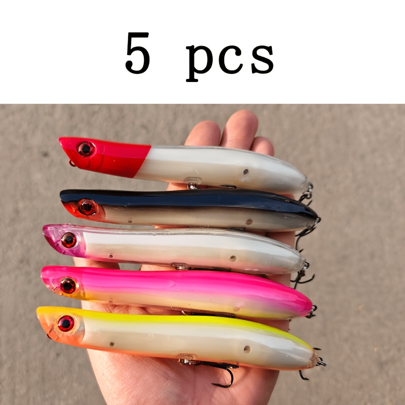 TEMU Señuelo de pesca flotante tipo lápiz de 15 cm y 32 G, juego de 5 colores, señuelo duro de superficie para lanzamientos largos, universal para