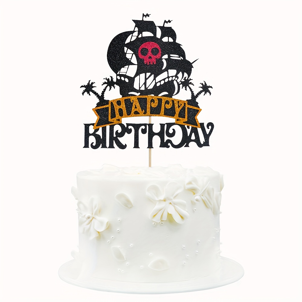Image of 1pc Pirate Ship Themed Happy Birthday Cake Topper - Nautical Sail Ship Birthday Cake Topper, Pirate Themed Birthday Party Decorations For Halloween,christmas Event & Party Supplies Halloween&christmas