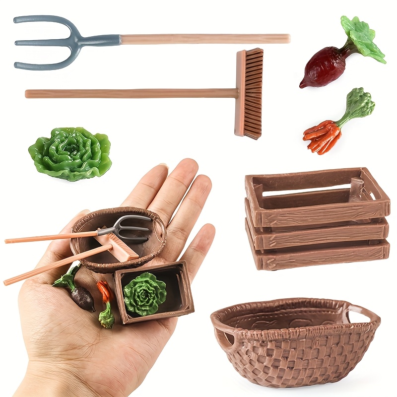 Image of This Set Of 7 Simulation Farm Tool Toys Features Models For Scene, Including Hay Bales, , , Brushes, And Carrots, Perfect For A Miniature Farm With Animals