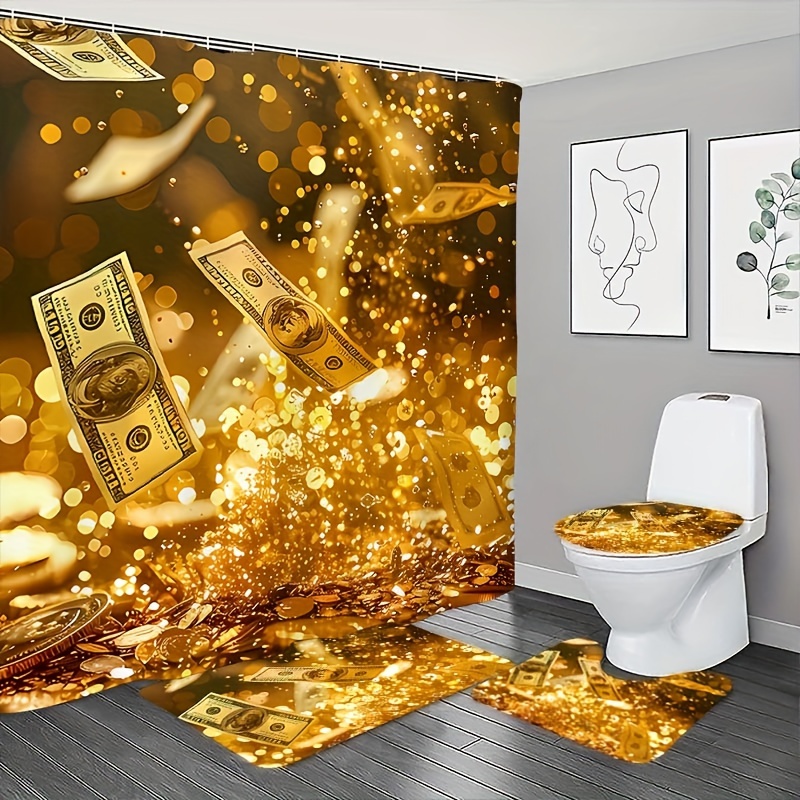 

Luxurious Golden Money Shower Curtain Set With 12 Hooks: Includes Bath Mat, Toilet Seat Cover, And Toilet Lid Cover - Perfect For A Festive Bathroom Decor