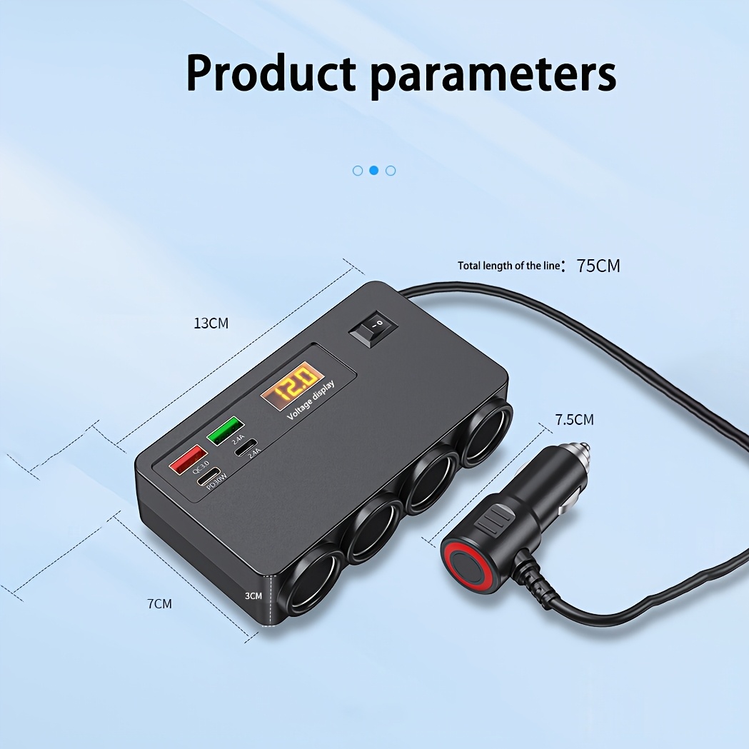 Charger Adapter, With 4 Sockets For Dc12v/24v Power Supply, 2 Type-c And 2 Usb Charging Ports, -inch Cable, Independent Switch, Led Voltage Detection