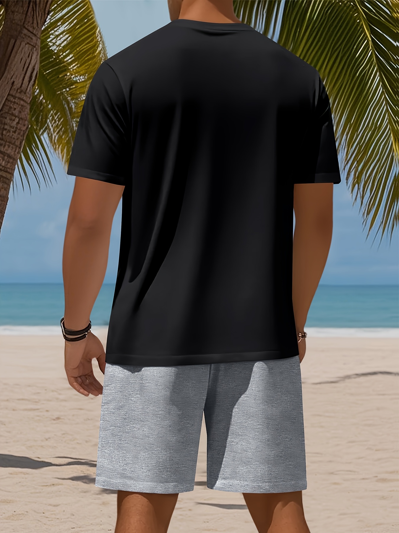 Men's Set, Solid Color Crew Neck Knit T-Shirt with Drawstring Cotton Shorts, Slightly Stretchy Fabric, Comfortable and Breathable, Perfect for Spring/Summer Outdoor Leisure and Sports, Keeps You Light and Carefree