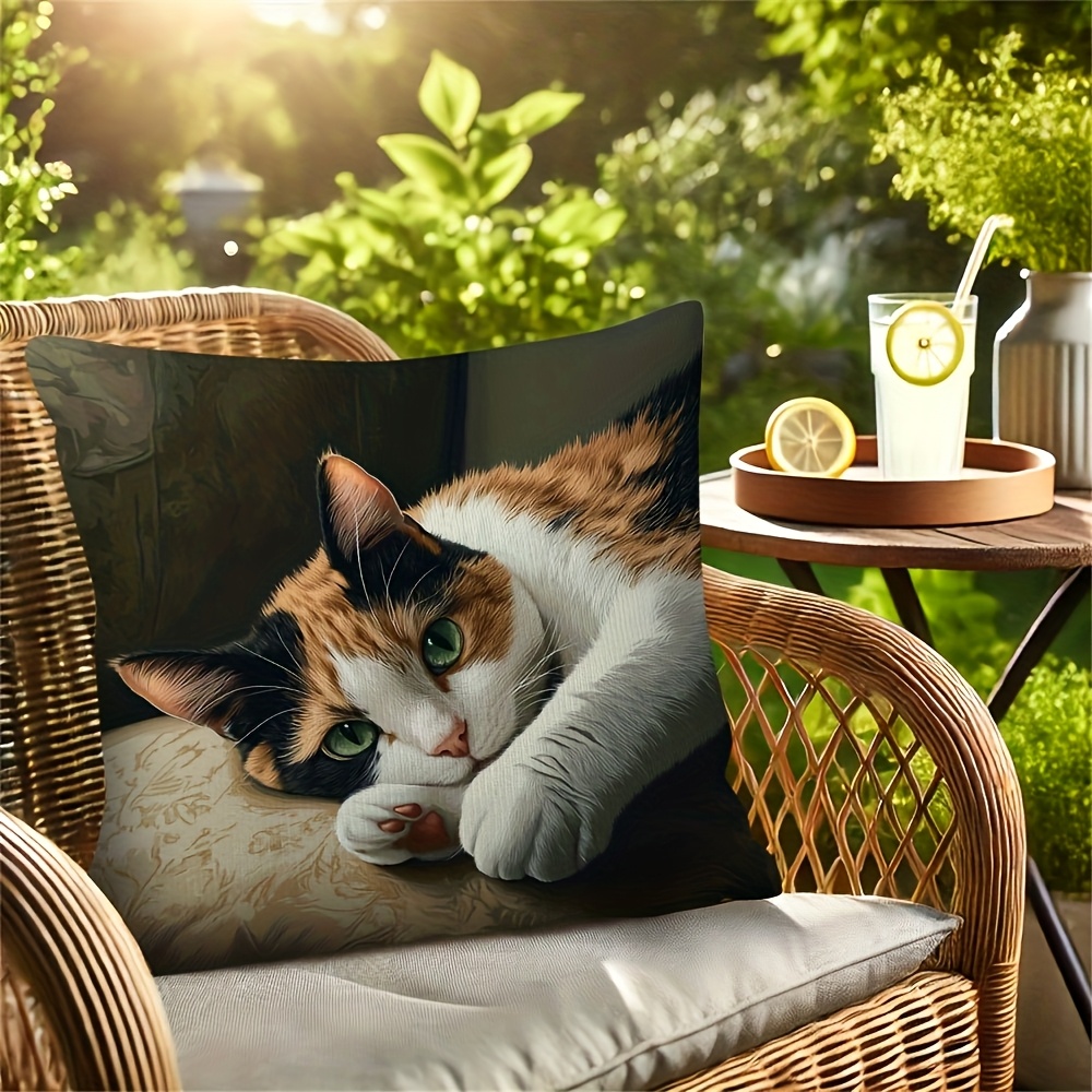 TEMU 1pc Cute Tricolor Cat Pillow Cover - One-sided Vintage Print, Zipper Closure, Soft And Of Polyester Short Plush Fabric, Single-sided Printed