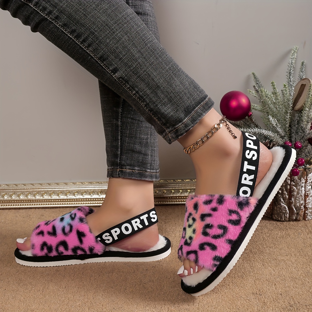

Women's Leopard Print Plush Slippers, Open Toe Soft Sole Fuzzy Elastic Strap Slip On Shoes, Comfy Slip On Slippers