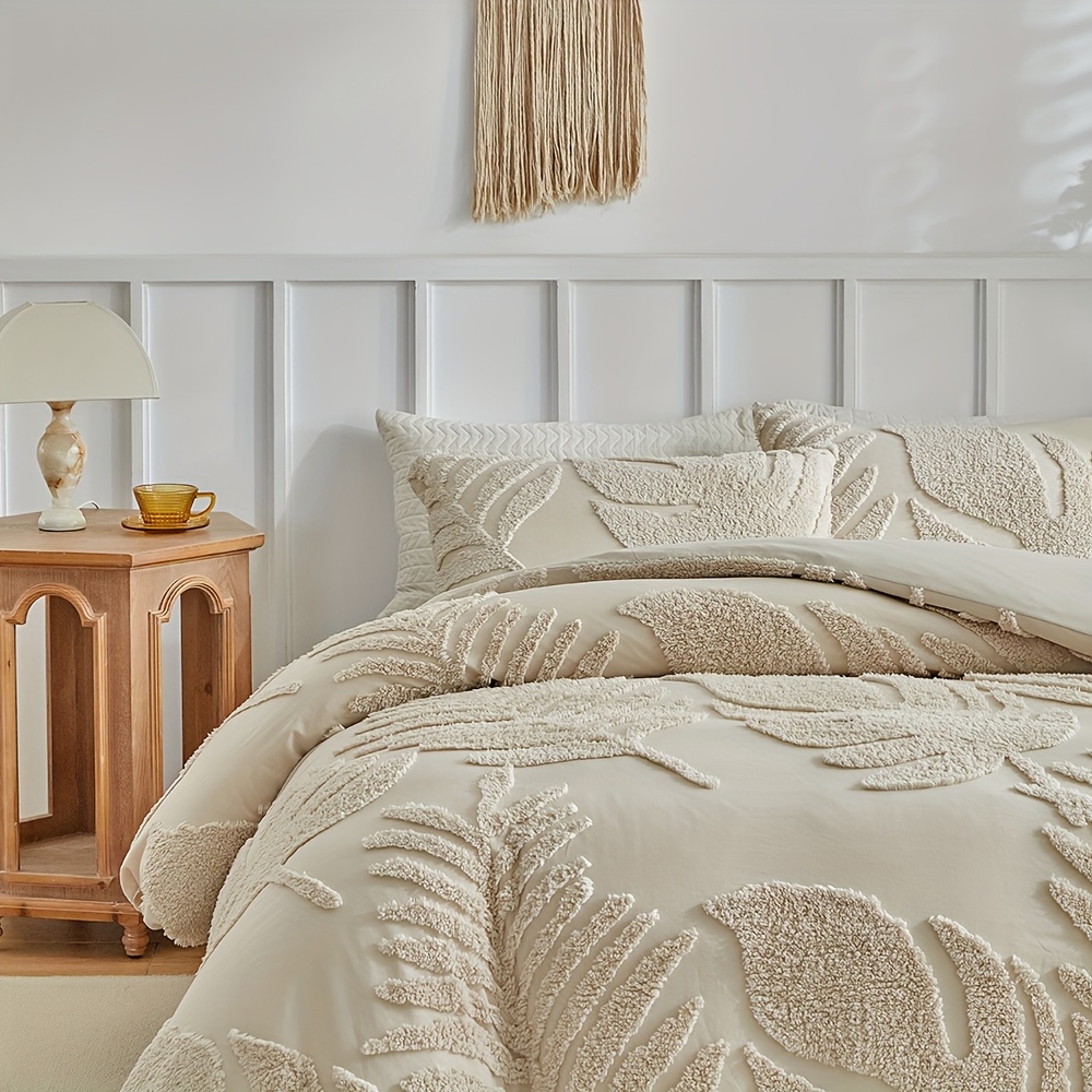 3D Leaf Pattern Duvet Cover Set 2/3pcs Set - High-Quality Tufted Craft, Distressed Style Washable Bedding, Soft Breathable Khaki Bedroom Decor, Multi-Size Available, All-Season Bedding