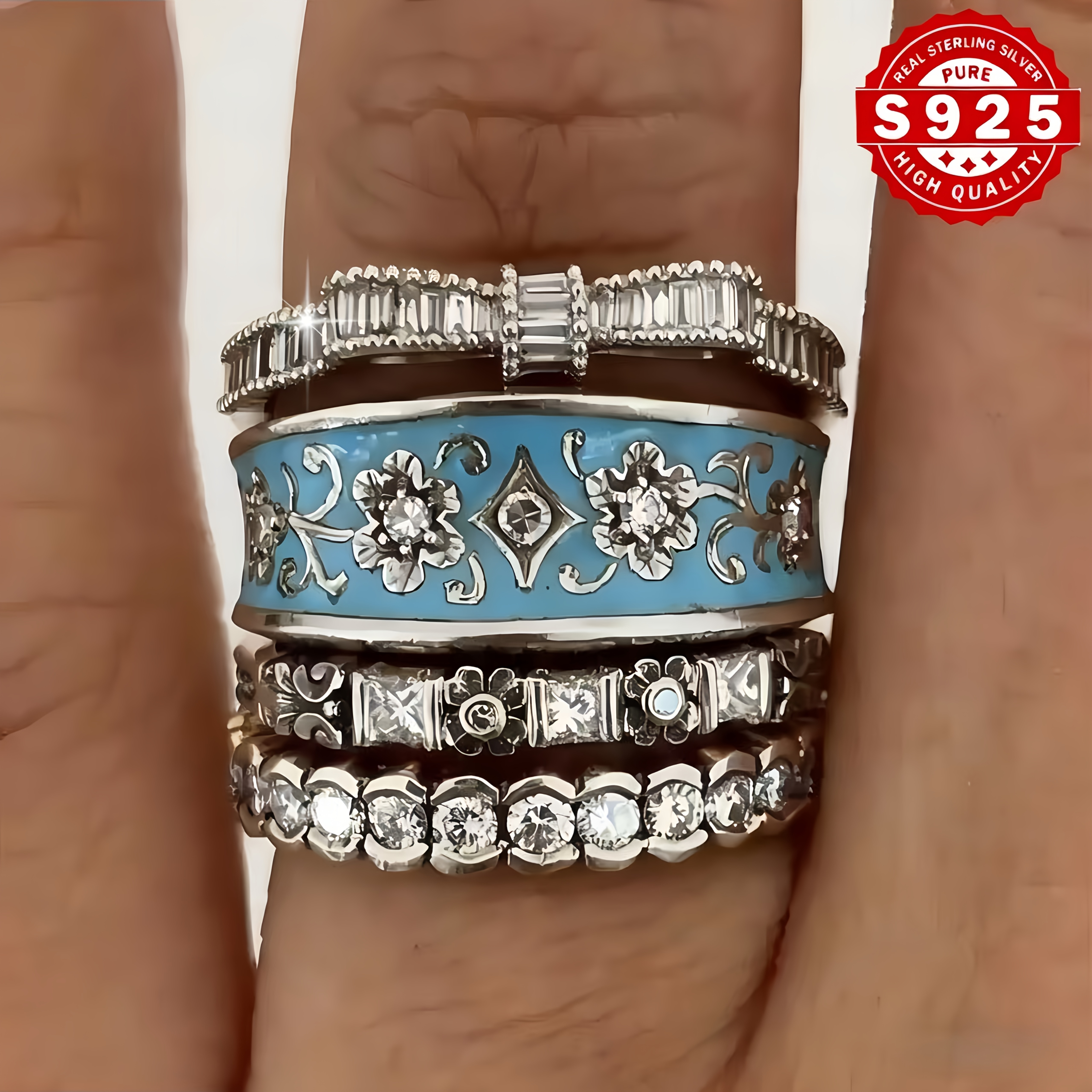 TEMU S925 Silver 4pcs Bohemian Style Enamel Ring Set - Set With 5a Grade Synthetic Cubic 5a Zirconia, Suitable For Daily Wear And Vacation, Christmas